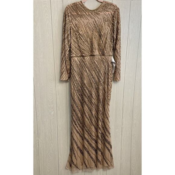 Mac Duggal Long Sleeve Beaded Column Gown Size 12 Mocha 5240 NWT - Picture 3 of 10